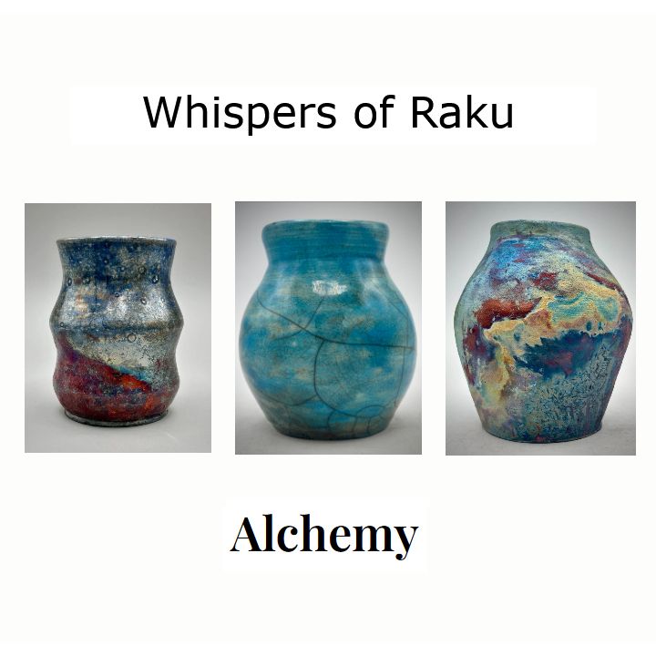 3 raku vases, each with varied and striking raku glazing.

On the left, a metallic blue with red, in center a turquoise vase with crackles. on the right a blue vase with flourishes of reds, yellows and purples