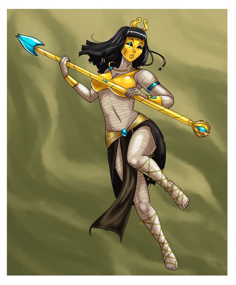 Meresankh of Thebes, a former priestess of Bastet during the Eighth Dynasty. She is a mummy adorned in golden jewelry, with a black wig, and a staff she uses in battle.