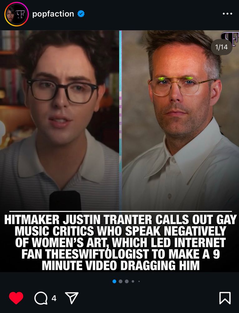 HITMAKER JUSTIN TRANTER CALLS OUT GAY MUSIC CRITICS WHO SPEAK NEGATIVELY OF WOMEN'S ART, WHICH LED INTERNET FAN THEESWIFTOLOGIST TO MAKE A 9
MINUTE VIDEO DRAGGING HIM