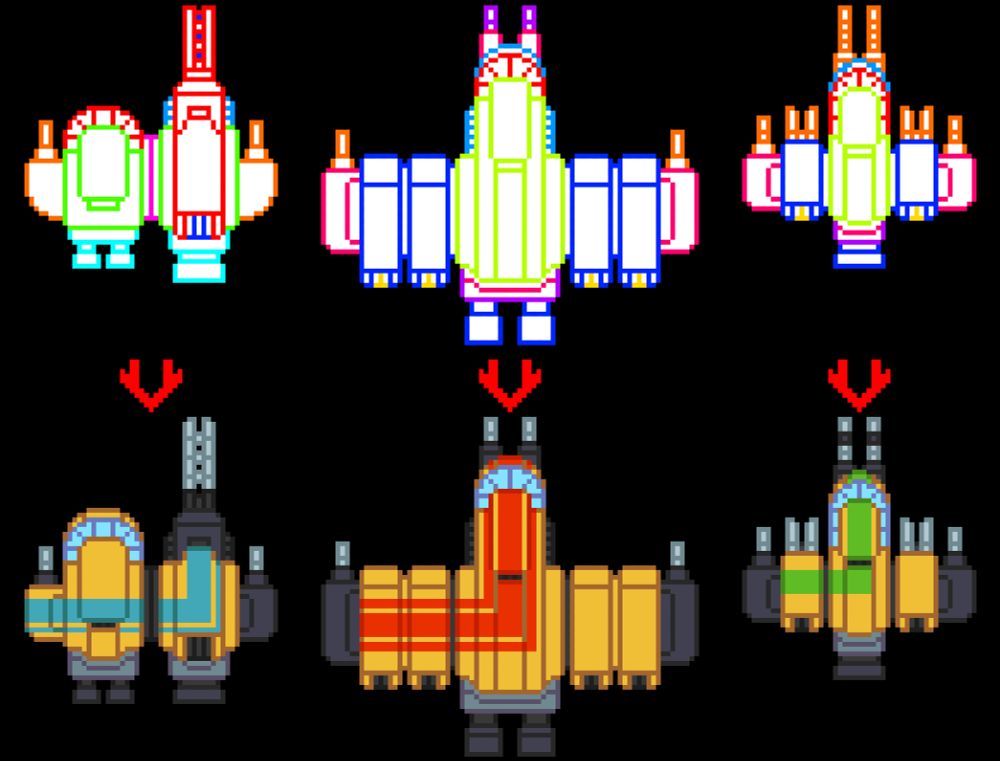 A set of yellow space ships seen from above.