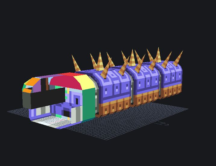 A purple and brown, lowpoly spiky worm-line neck in lowpoly