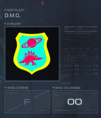 AC6's screen where you can see my name and emblem, a cyan and yellow medal with a pink stegosaurus and ringed planet on it