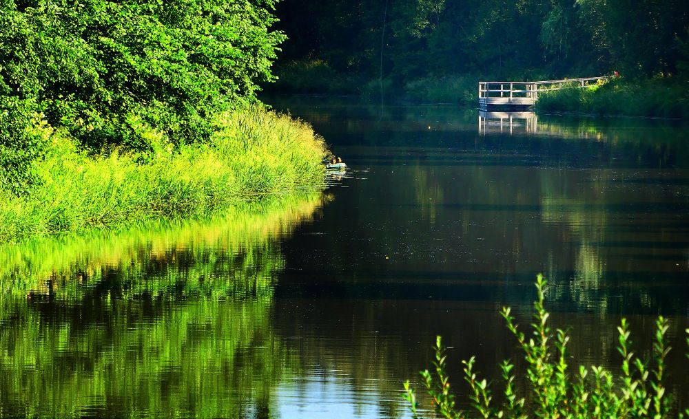 A calm, low-light riverside landscape. Green vegetation on the banks, partly reflected in the dark water. In the back corner, a pier spotlit by the sun.
Tyyni, voimakkaan matalan valon joenrantamaisema. Rannoilla vihreää kasvustoa, joka osin heijastuu tummaan veteen. Takakulmassa auringon kohdevalaisema laituri.