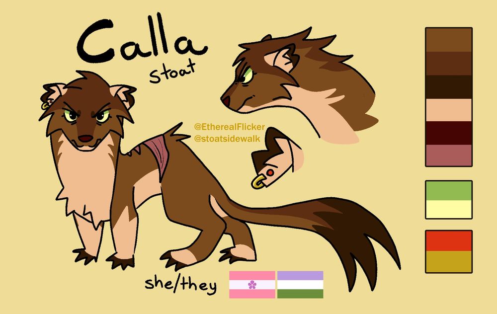 A reference image of a stoat character named Calla. She is brown with a light brown chin, belly, and ears, and dark markings on her ear tips and tail. There is  a big scar in the middle of her spine. She has green eyes, ear piercings, and a sour expression.