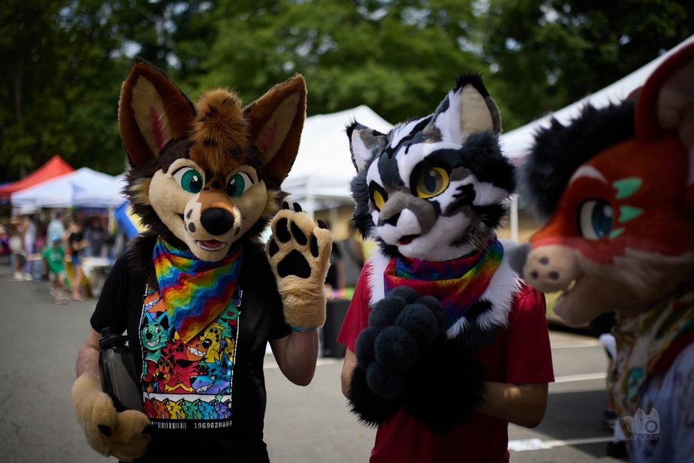 Three partial fursuiters standing around having a conversation, one notices the camera and poses. 