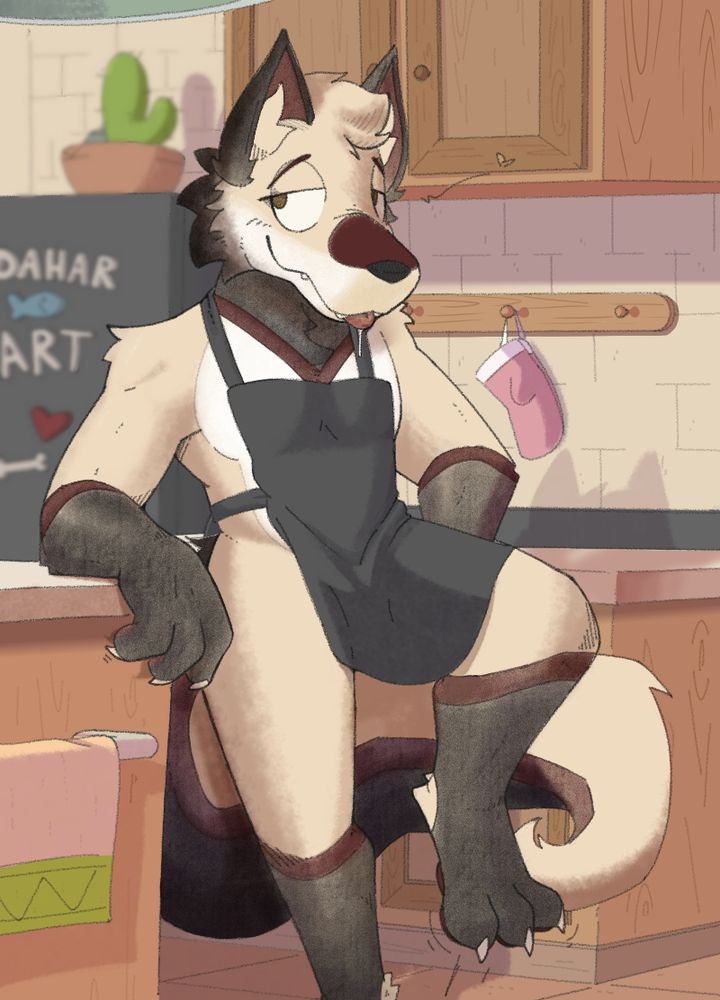Digital art commission of my sona looking at the viewer, somewhat seductively, wearing an apron. 