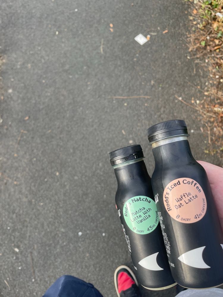 A bottle of Rodd’s Iced Matcha next to a bottle of Rodd’s Iced Coffee. 