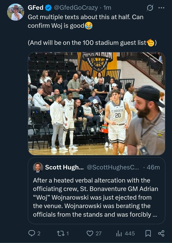 From @GFedGoCrazy (GFed):
"Got multiple texts about this at half. Can confirm Woj is good😂

(And will be on the 100 stadium guest list🫡)"