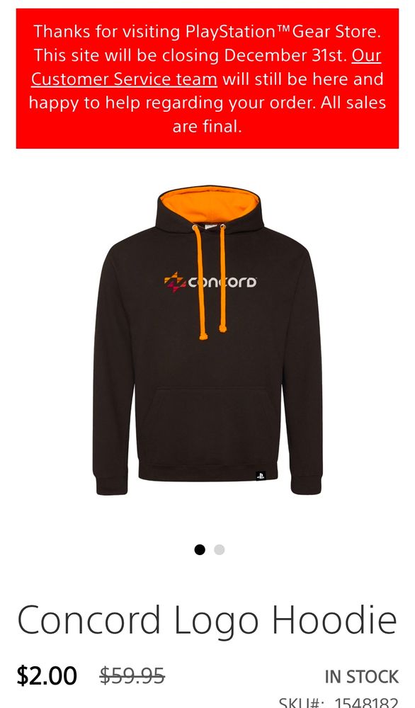 Concord hoodie selling for $2 USD a part of the Playstation Gear store "everything must go" shutdown sale, only 8 small size hoodies left in stock as of posting