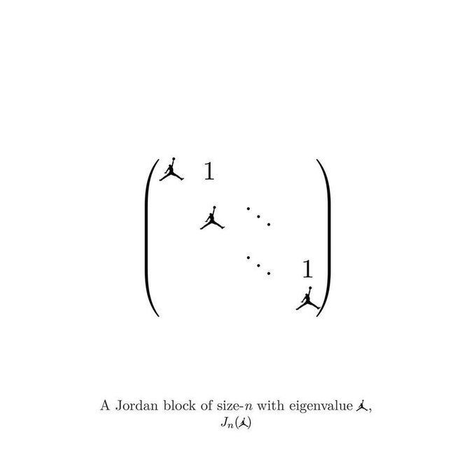 An image of an equation, style "latex".

A matrice:

(j 1   
    j ...  
       ...   1
             j )

When "j" is an image of a small basketball player.

The title of the equation says "A Jordan block of size-n with eingenvalue j, J_n(j)" where "j" is also the image of the small basketball player.

The basketball player is represented during a "dunk", both legs spreak at a large hangle, on arm straight above the head and with a ball in the hand and one arm straight toward the leg.