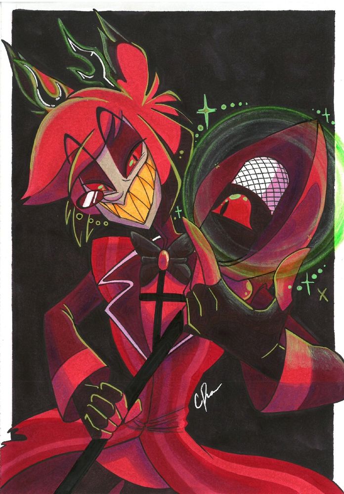 Traditional marker drawing of the character Alastor from the animated series "Hazbin Hotel". Alastor wields his signature microphone, grinning eerily at the audience as the microphone glows in sickly green light. 