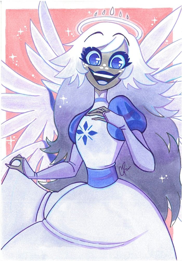 Traditional marker drawing of the character Emily from the animated series "Hazbin Hotel". She turns towards the audience, smiling warmly as her wings fan out behind her. 