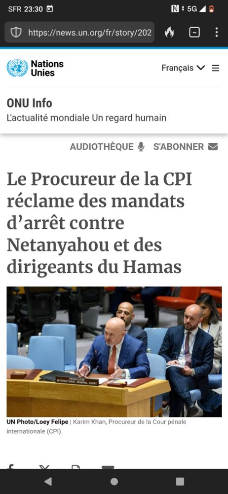 Capture d'écran d'un article du site news.un.org
Le titre : "Le procureur de la CPI réclame des mandats d'arrêt contre Netanyahou et des dirigeants du Hamas"
