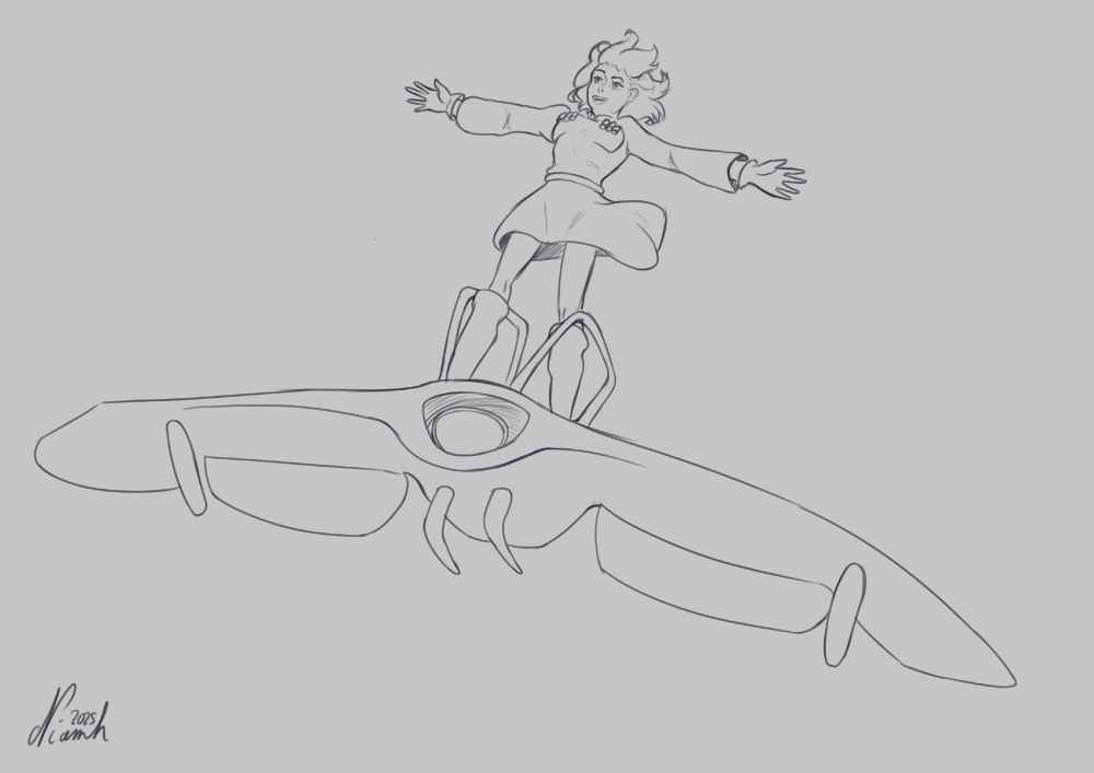 Nausicaä flying on her glider having fun with the wind and with a peaceful position.