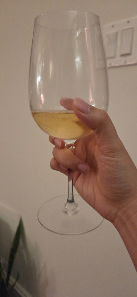 A glass of white wine being raised 