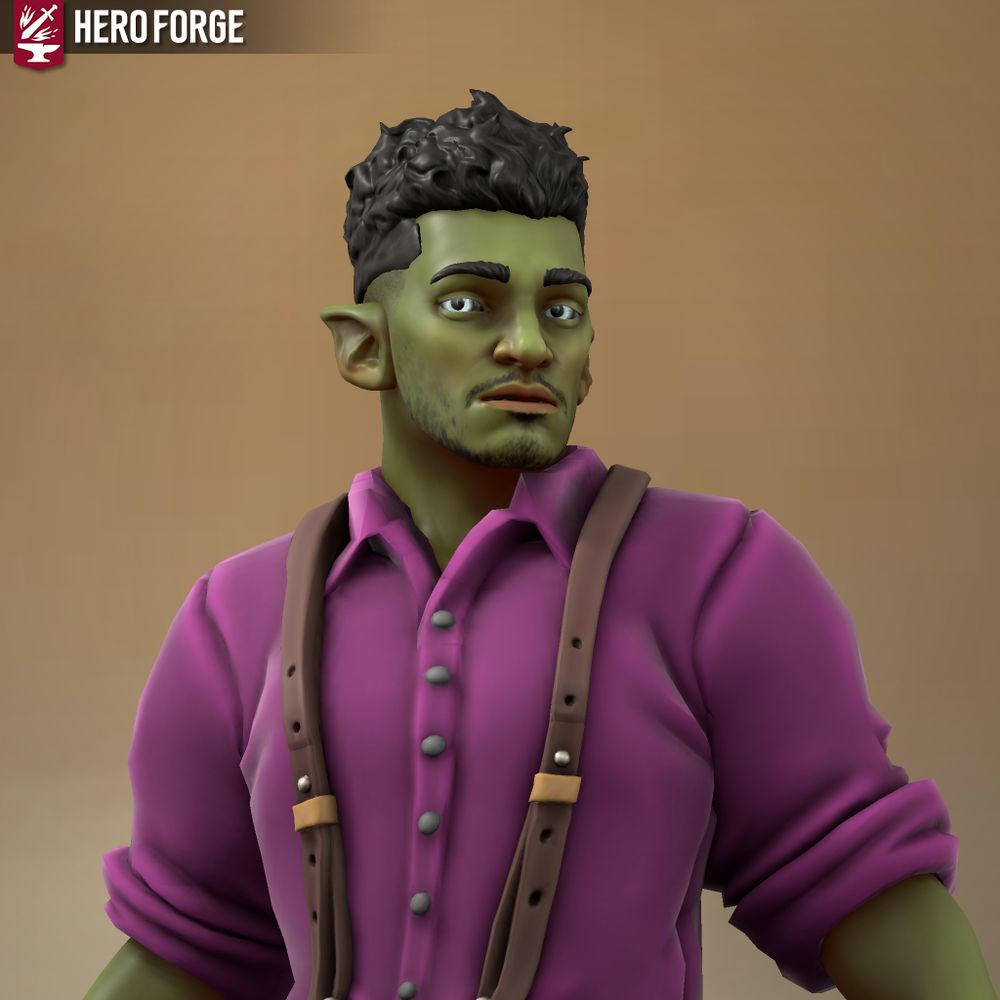 Young half-orc male with green skin, average build, with afro-textured black hair, slight stubble, grey eyes with black corneas, slightly pointy ears and a sharp jawline. He is wearing a purple button-up shirt with the sleeves rolled up, and leather suspenders.