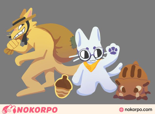 A drawing of 3 characters: a white cat with big round glasses and a yellow handkerchief around its neck, a fox with a hat and an evil smile carrying a big cloth sack, and a small very cute boar