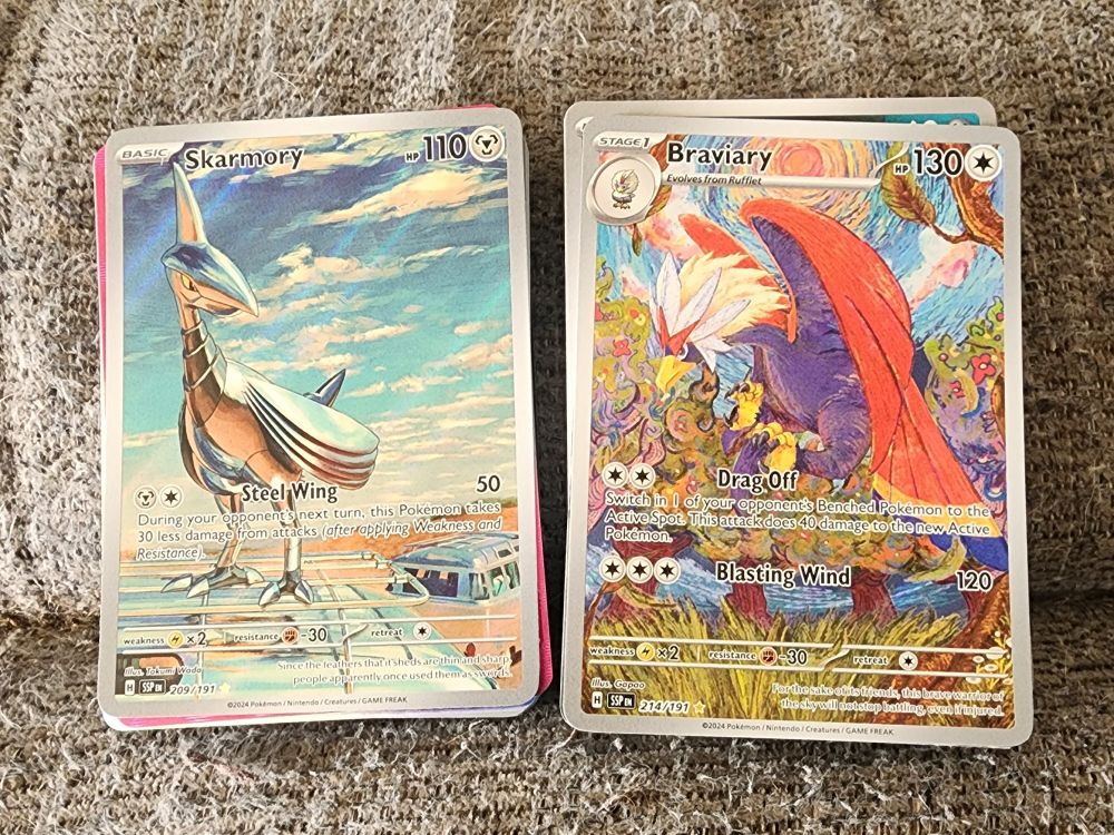 Full art pokemon cards of braviary and skarmory
