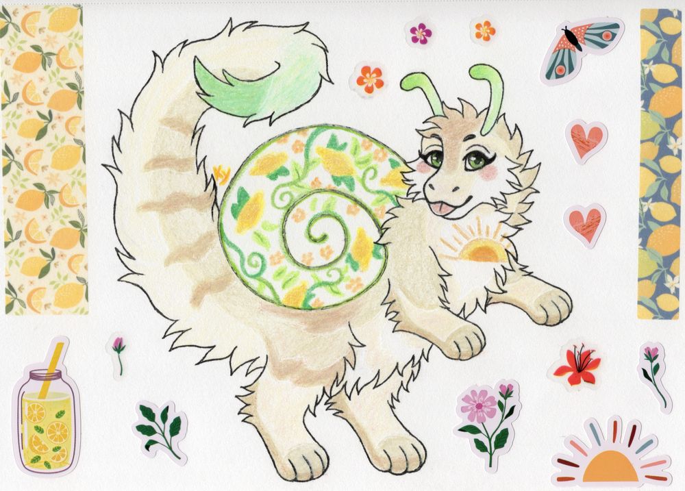 A traditionally drawn fullbody of a snail-dragon hybrid character. They have light tan and cream coloured fur, with a pastel green tail tip and antenna. They have green eyes, a pink tongue, and a yellow and orange sun marking on the chest. Their shell is white with doodles of lemon plants and flowers. The background is decorated with stickers and washi tape.