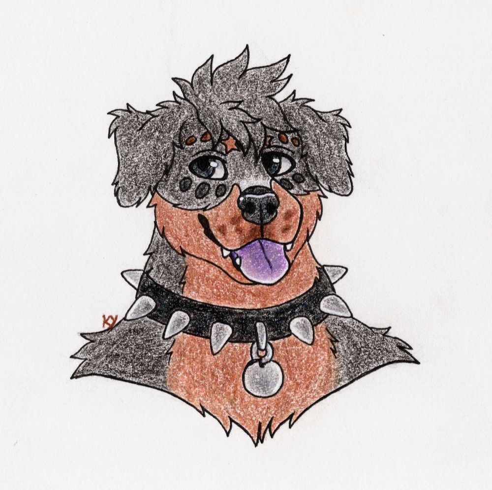 A traditionally drawn headshot of a rottweiler anthro character. He has classic black and tan coloured markings, with a purple tongue sticking out, and is wearing a black and silver spiked collar.