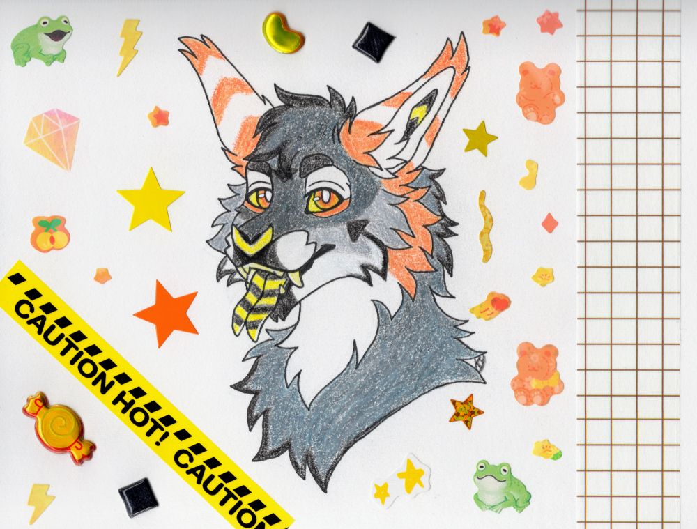 A traditionally drawn headshot of a bat character with traffic cone orange and white striped ears, yellow eyes and nose, and a yellow and black striped tongue. The background is decorated with stickers and patterned tapes.
