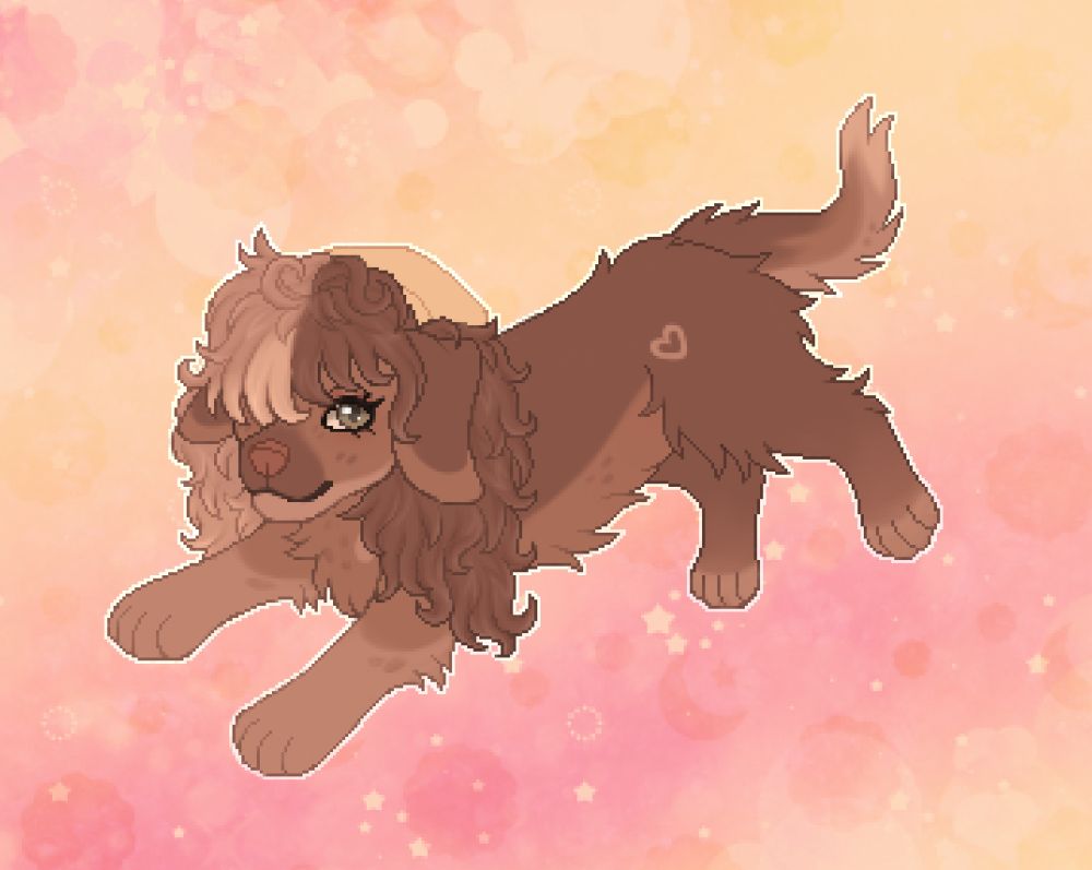 A pixel style feral fullbody of a floppy eared dog, they have green eyes, warm brown toned fur with freckles throughout and a light brown heart symbol at the top of their back leg. They have split toned hair, half brown and half blonde, with very light highlights in the middle. 