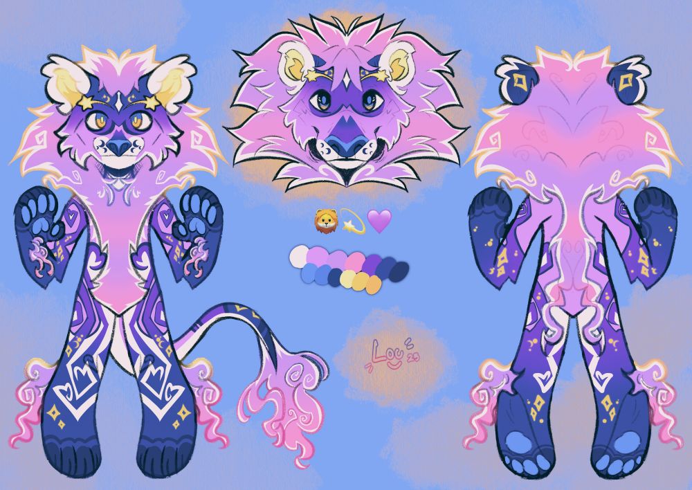 A digitally drawn reference sheet of a lion character with pink, purple, blue, and yellow fur. They are designed and drawn by bloubutt.