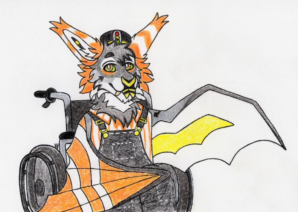 A traditionally drawn halfbody of an anthro catbat character with gray, white, orange, and yellow markings. He is wearing black dungarees and a traffic conductor cap. He is sitting in a black and silver metal wheelchair with one wing down and one wing up waving.