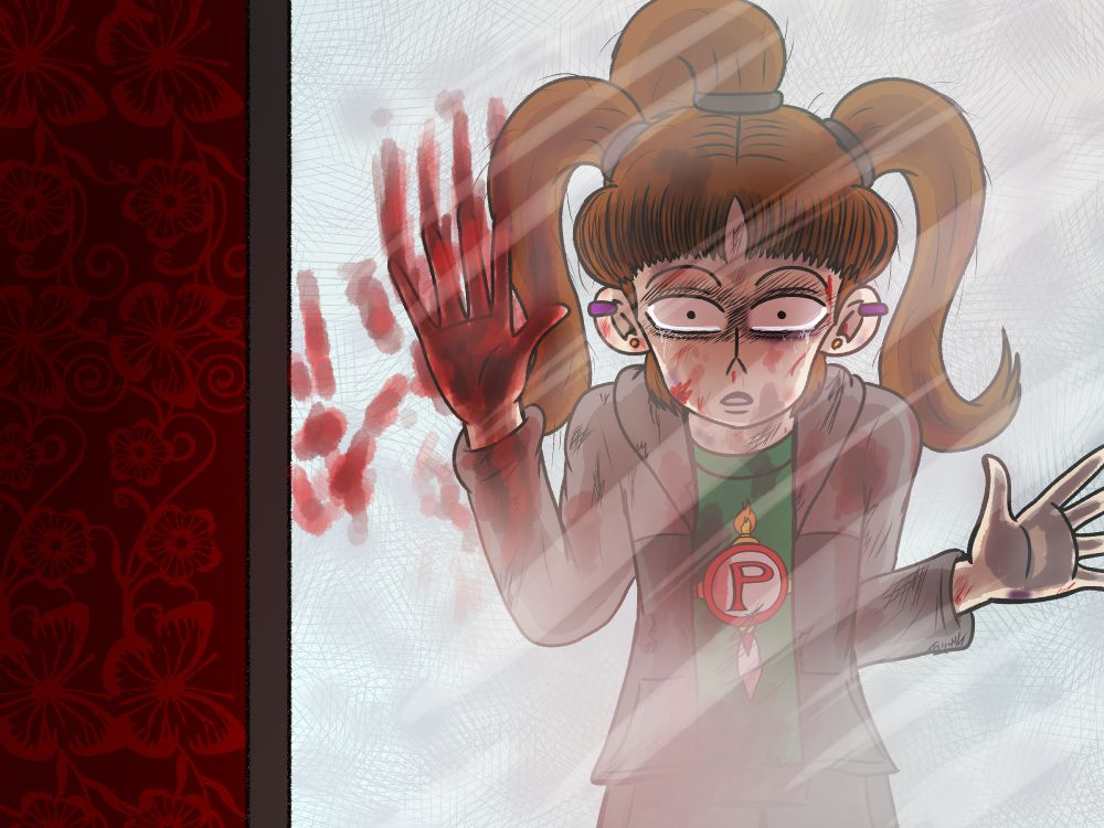A injured young girl looks through a giant window with a bloody hand smearing against the glass as if she's pleading to the viewer to help her. This is concept art for my thriller graphic novel, "Malice Mansion".