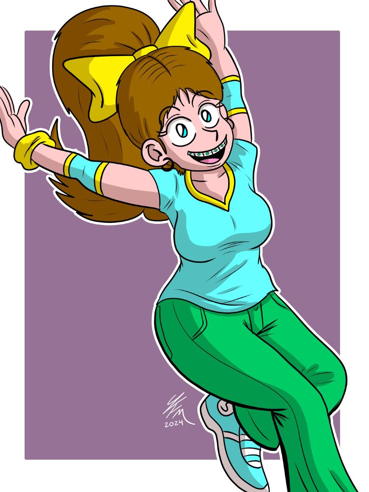 A happy teenage girl wearing bright clothes jumping.