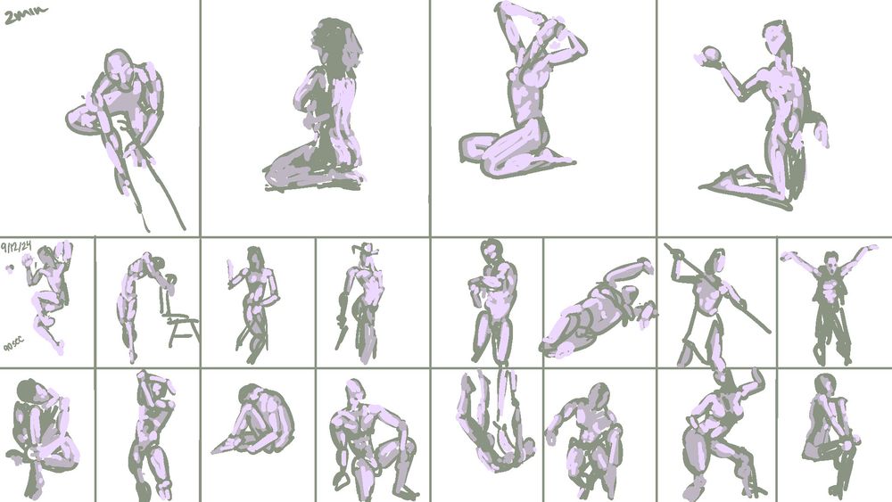 20 gesture drawings, 4 large (2 min) and 16 small (90 sec). 9//12/24.