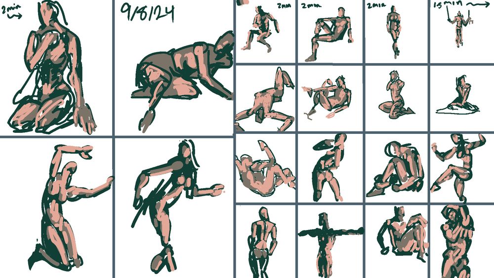 20 3-color figure drawings, 90sec-2min, 9/8/24