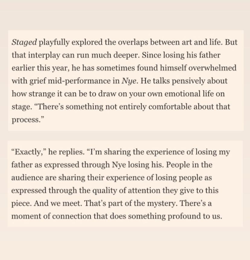 Excerpts from the FT Michael Sheen interview from Aug 8 talking about processing the grief of his father through Nye 