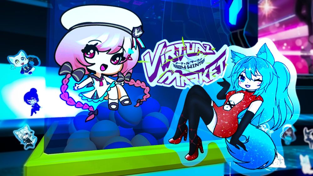 An image of a plastic Gacha chibi version of wolveeps in front of Vket Gacha machine with other Vket ambassador Gacha chibi