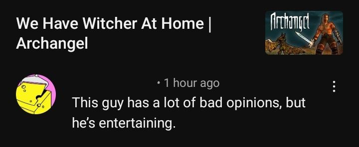 A comment on the video "We Have Witcher At Home | Archangel" that reads "This guy has a lot of bad opinions, but he's entertaining."