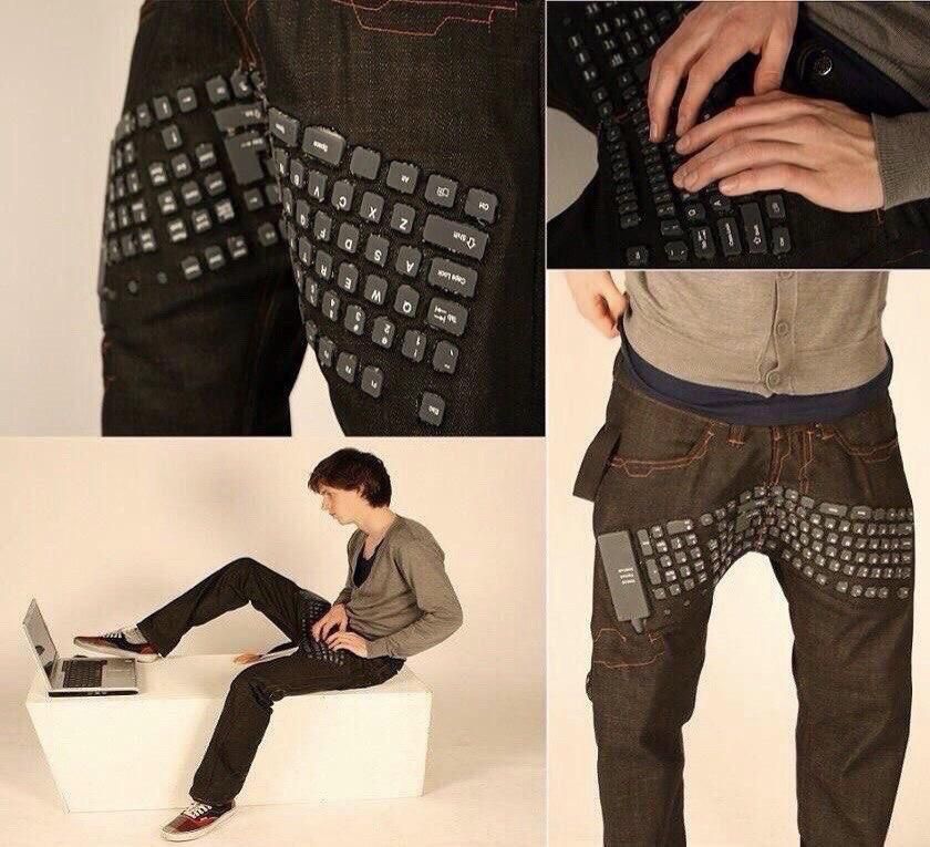 A person with keyboard trousers.