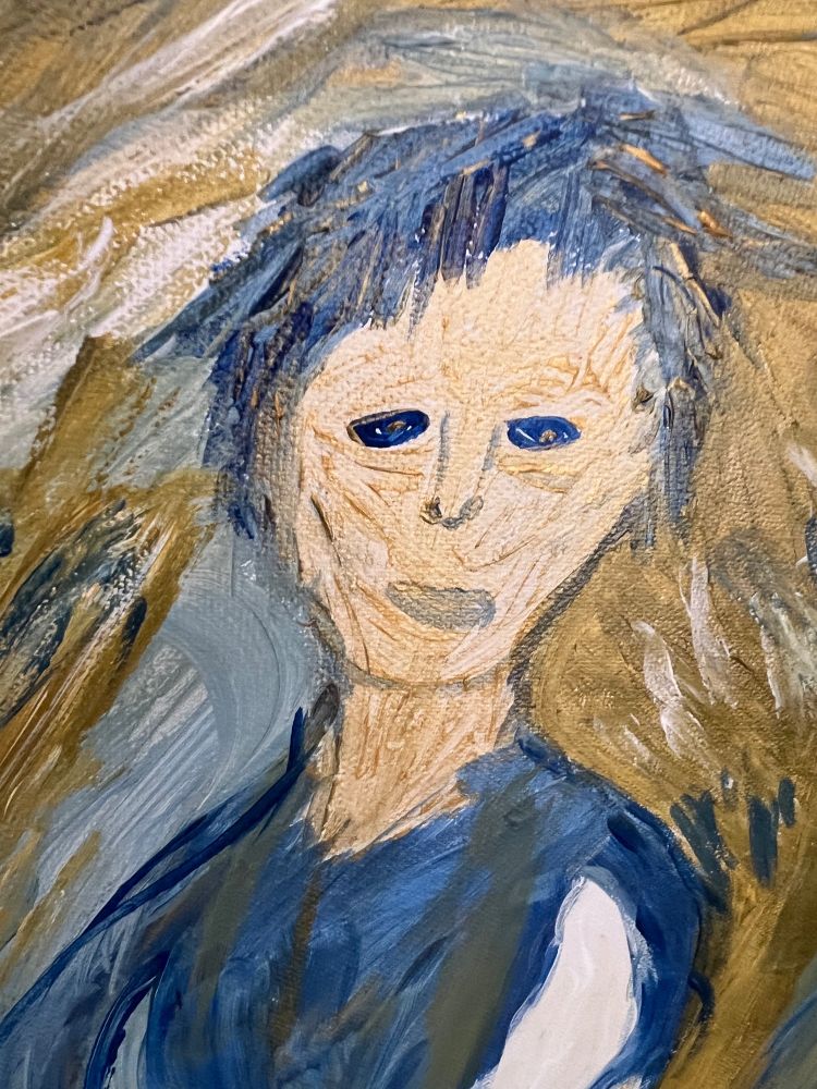 Ein gemaltes Bild (Acryl) Zu sehen ist eine Frau die leer starrt oder vielleicht traurig ist. Ein altes Bild von mir anno 2010 oder so. Die Fotos meiner Bilder sind nie das ganze Bild. Nur Ausschnitte. Ich male ca 15 Jahre. Dieser Ausschnitt ist Teil des Anfangs. Werde es sicher irgendwann übermalen 🪱