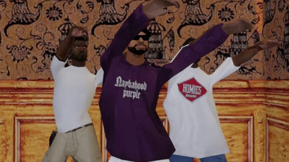 a man wearing a purple shirt that says neighborhood purple is dancing with two other men