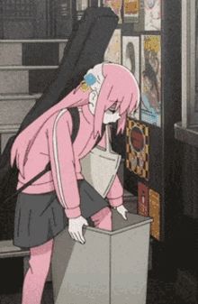 Bocchi, from the Anime Bocchi the Rock, climbing into a trash can with her guitar case on her back