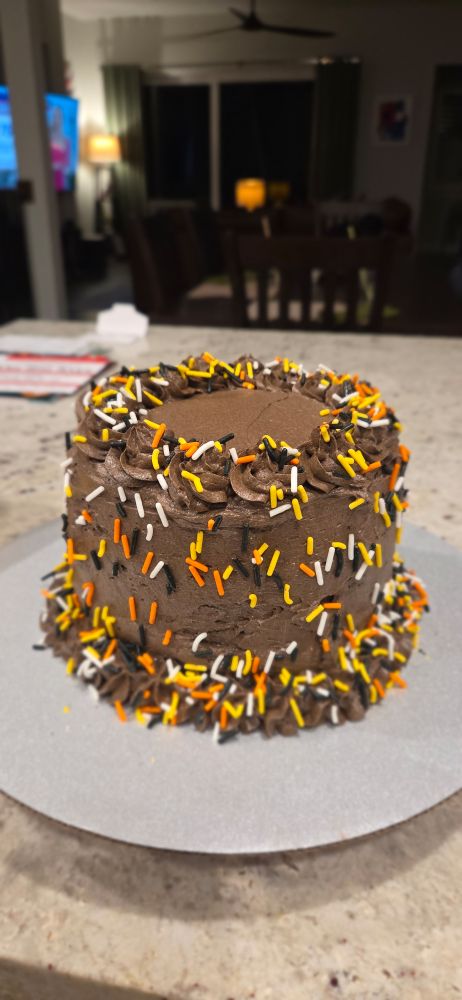A "black velvet" cake, that's more brown/grey. The Halloween sprinkles are cute though. 