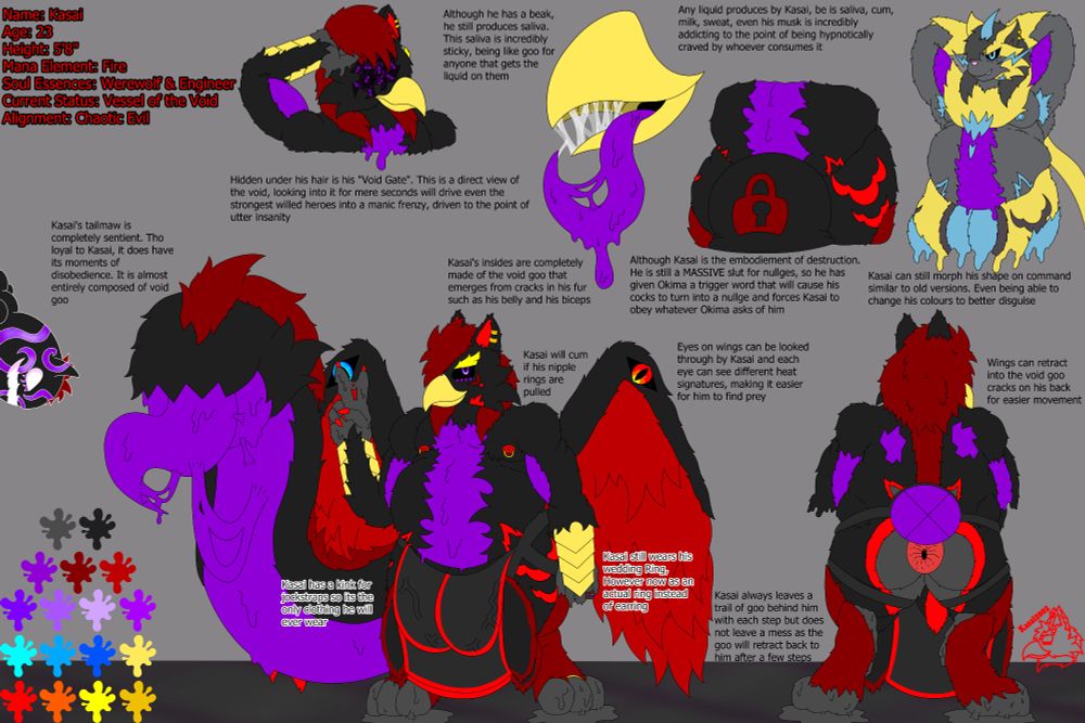 Ref sheet for Kasai, a gryphon. His body is completely comprised of goo and he has purple goo showing through cracks in his body, especially noticed on his stomach and biceps. He has a large tailmaw, also comprised of the same purple goop.

There is a close up of Kasai lifting his hair, revealing the void hidden underneath. This void is filled with multiple eyes and will drive anyone that looks into to the point of utter insanity within seconds.

He can transform, showing this off by posing as a zeraora, He has the colours of a zeraora but still has the purple goo down his bell and biceps

He is wearing nothing but a jockstrap that is barely able to contain the 2 hyper cocks that he has now.

There is a close up shot of Kasai's "Nullge form" A state that his husband, Okima, can put him into where his 2 cocks and 4 balls combine into 1, becoming a null throbbing mass that Kasai can helplessly paw at for pleasure~