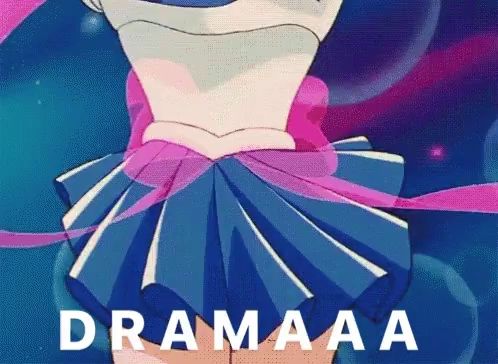 a cartoon of a girl in a blue skirt with the words " dramaaa " on the bottom