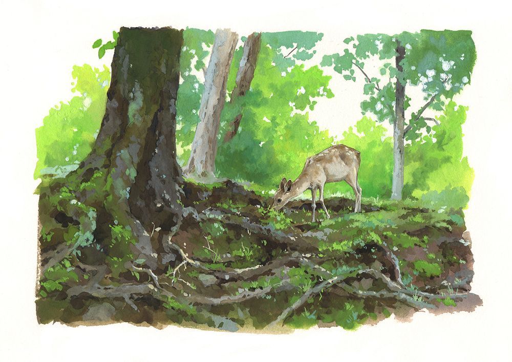 a painting of a deer next to a tree