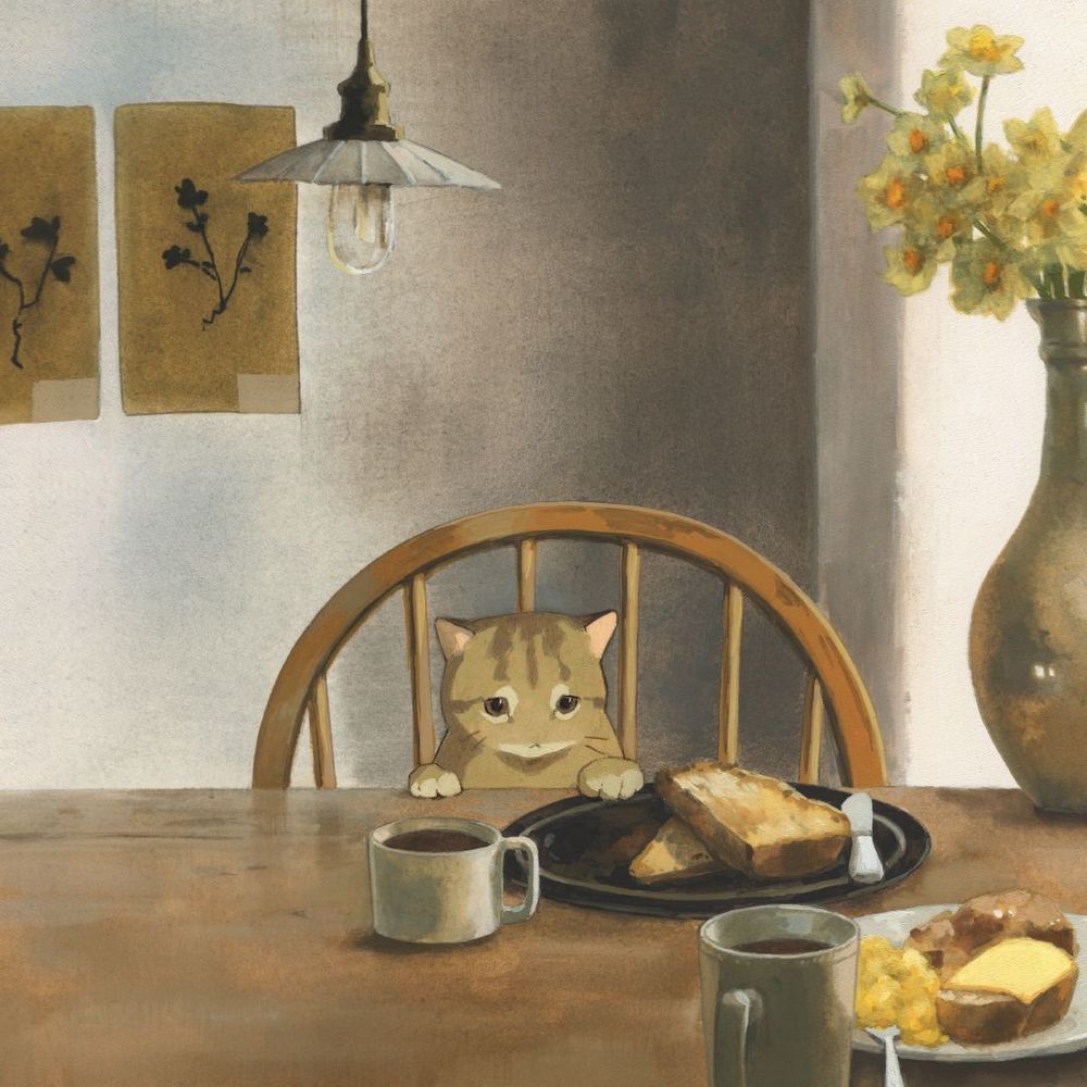 a painting of a sad-looking cat sitting at a breakfast table