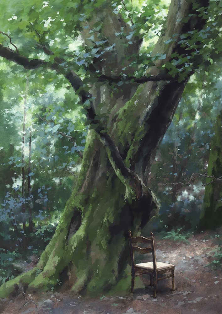 a traditional painting of an empty chair next to a big, mossy tree