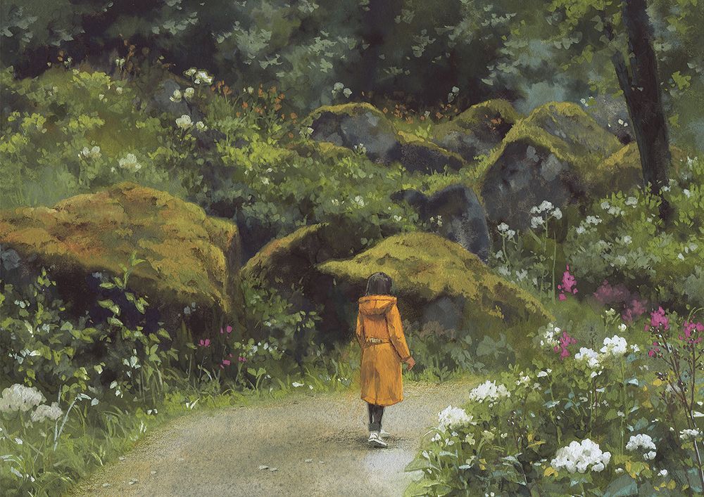 a painting of a path lined with mossy rocks and flowers, a girl in an orange raincoat in the middle