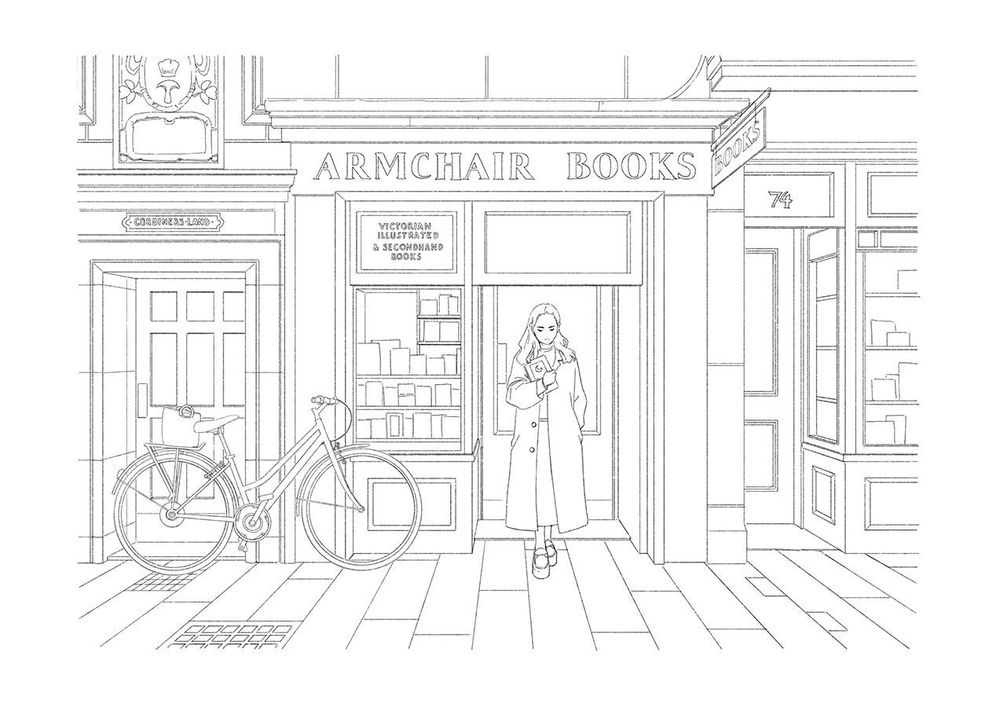 a line drawing of a girl exiting a bookstore