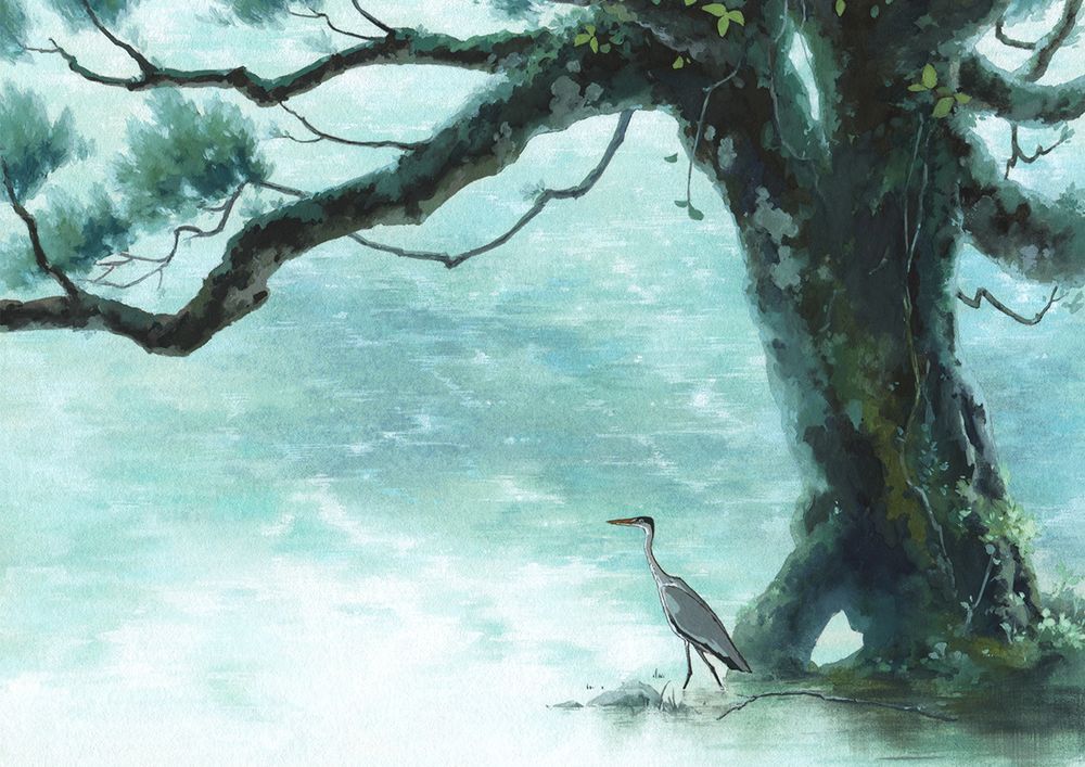 a painting of a heron, and a tree in the water