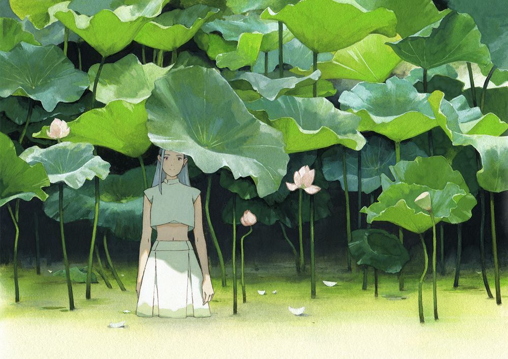 a painting of a girl standing below big lotus leaves