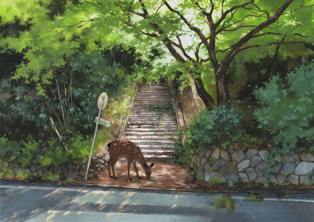 a painting of a deer in front of a staircase